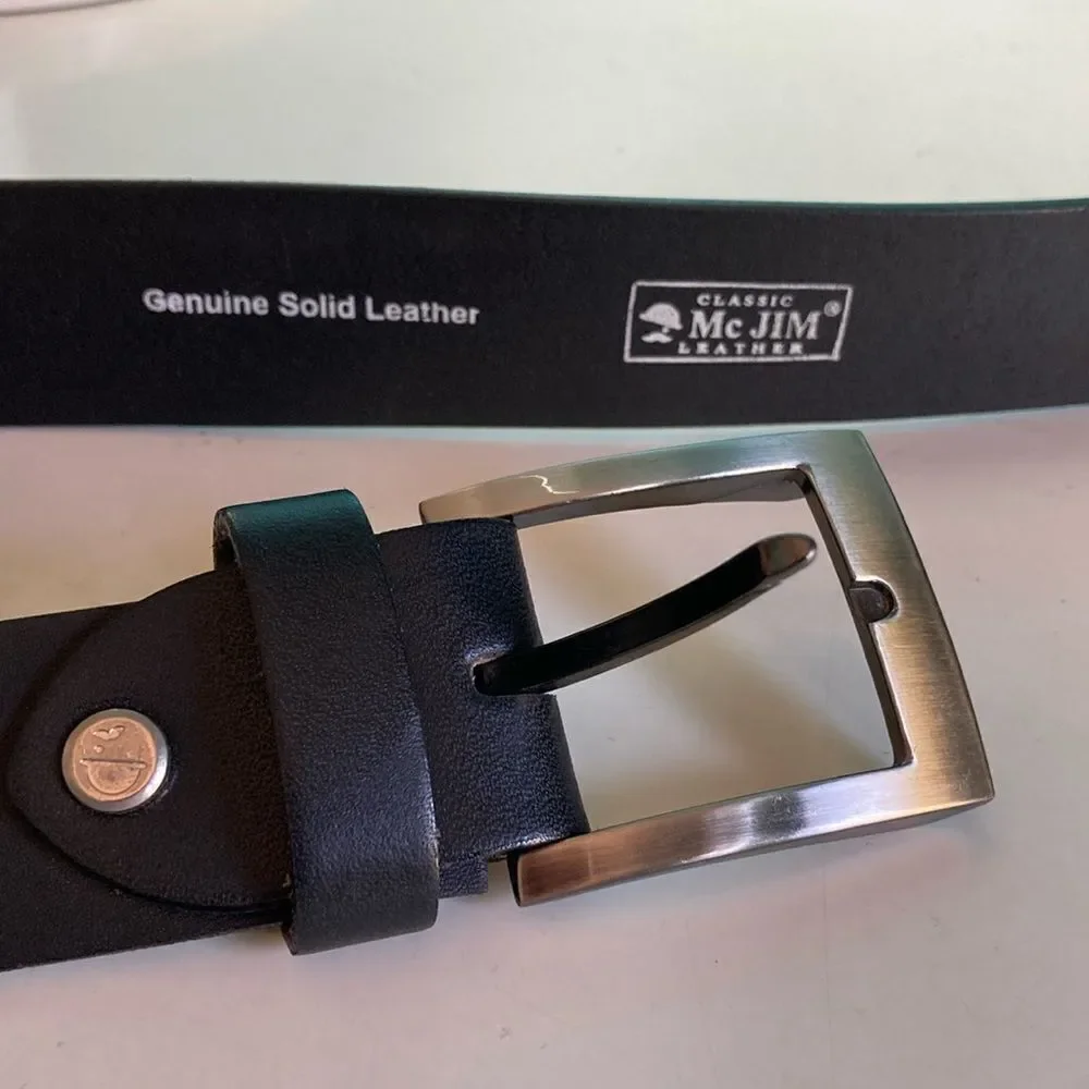 McJim Men’s Black Leather Belt Classic Leather Fits Waists 50 to 54” Around